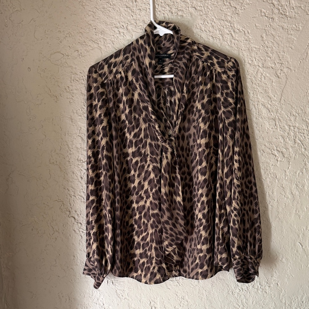 Banana Republic Leopard Print Tie-Neck Blouse - Brown/Tan